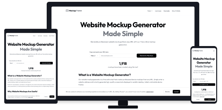 MockupFrame website displayed on desktop, tablet, and mobile devices